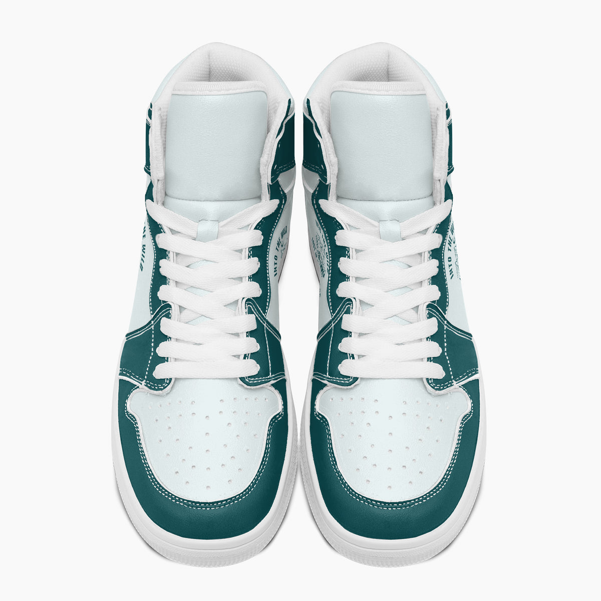 Overhead top-down view of high-top sneakers highlighting dark teal eyestays, white lacing, and perforated white leather vamps.