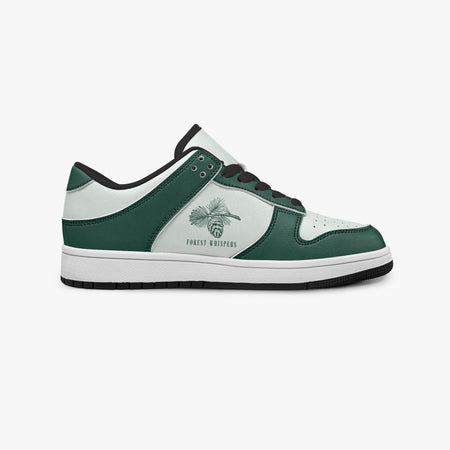 Side profile view of the right sneaker showcasing the forest green and white color blocking, "FOREST WHISPERS" graphic, black laces, and black rubber outsole facing right.