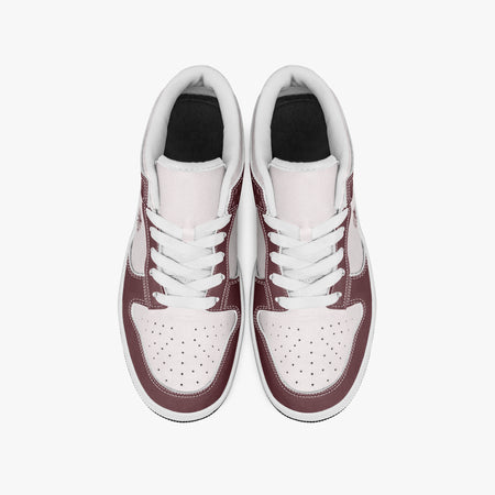 Overhead view of burgundy and pale pink sneakers showing clean white laces, white padded collar lining, and perforated pale pink toe boxes.