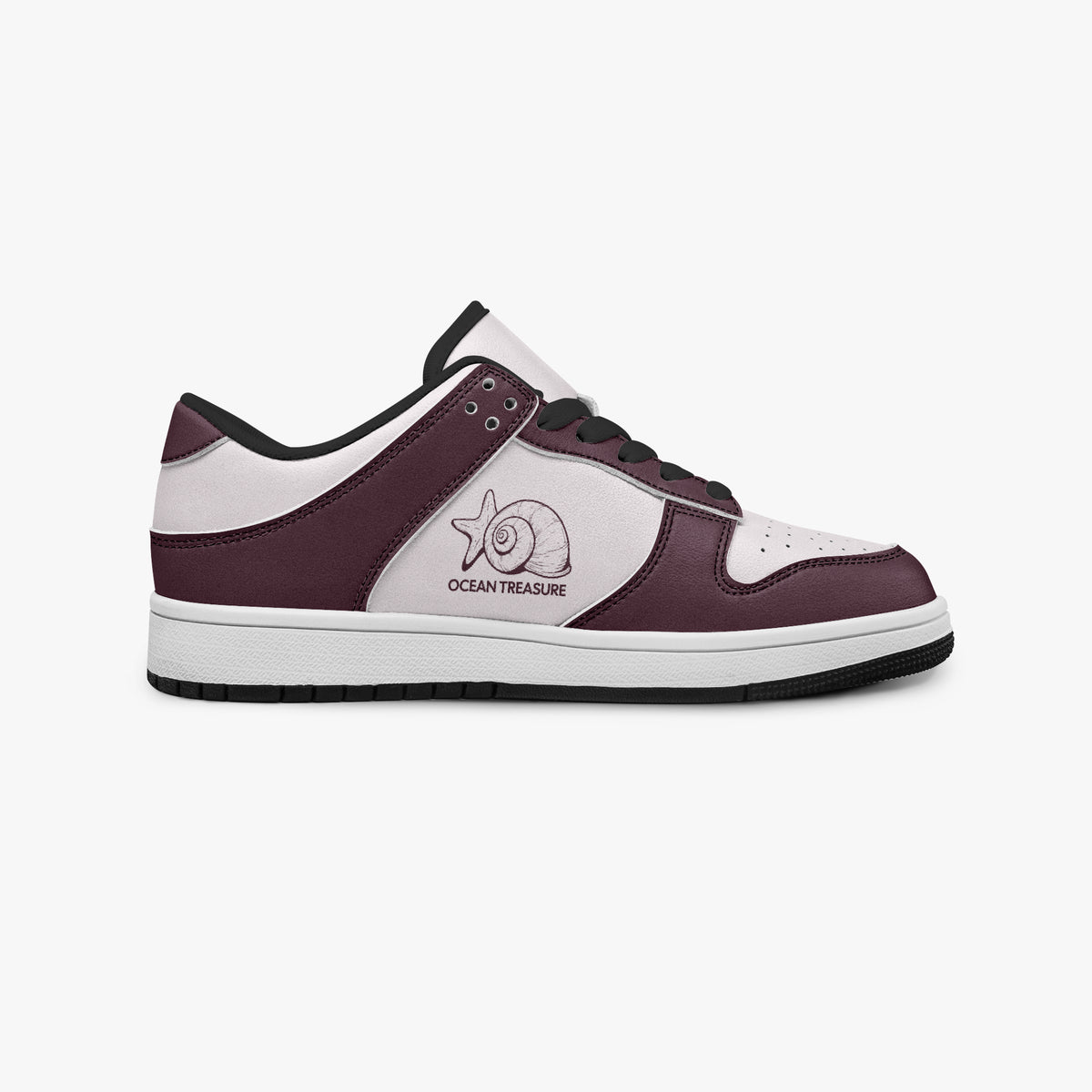 Side profile view of the right sneaker showcasing the burgundy and pale pink color blocking, "OCEAN TREASURE" graphic, black laces, and black rubber outsole facing right.