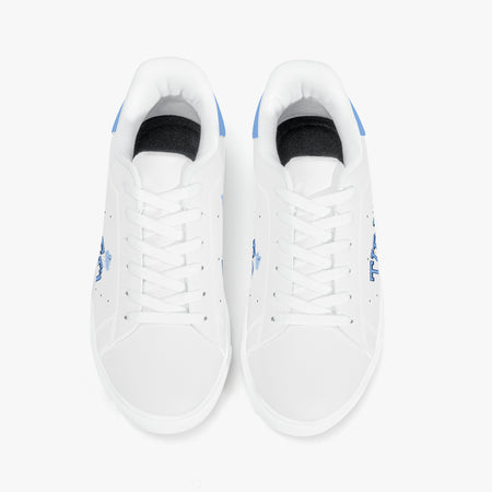 White sneakers with blue accents on a white background