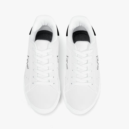 A pair of white low-top sneakers shown from a top-down view on a clean white background.