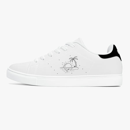 White sneaker with black text and design on a white background