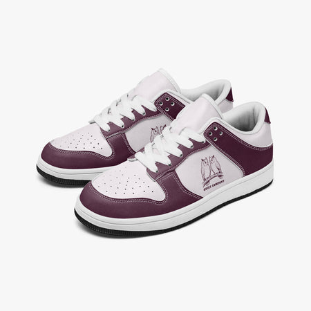 Angled three-quarter view of low-top sneakers in burgundy and pale pink leather, featuring an owl pair on a branch graphic with "QUIET COMPANY", white laces, and a white inner lining.