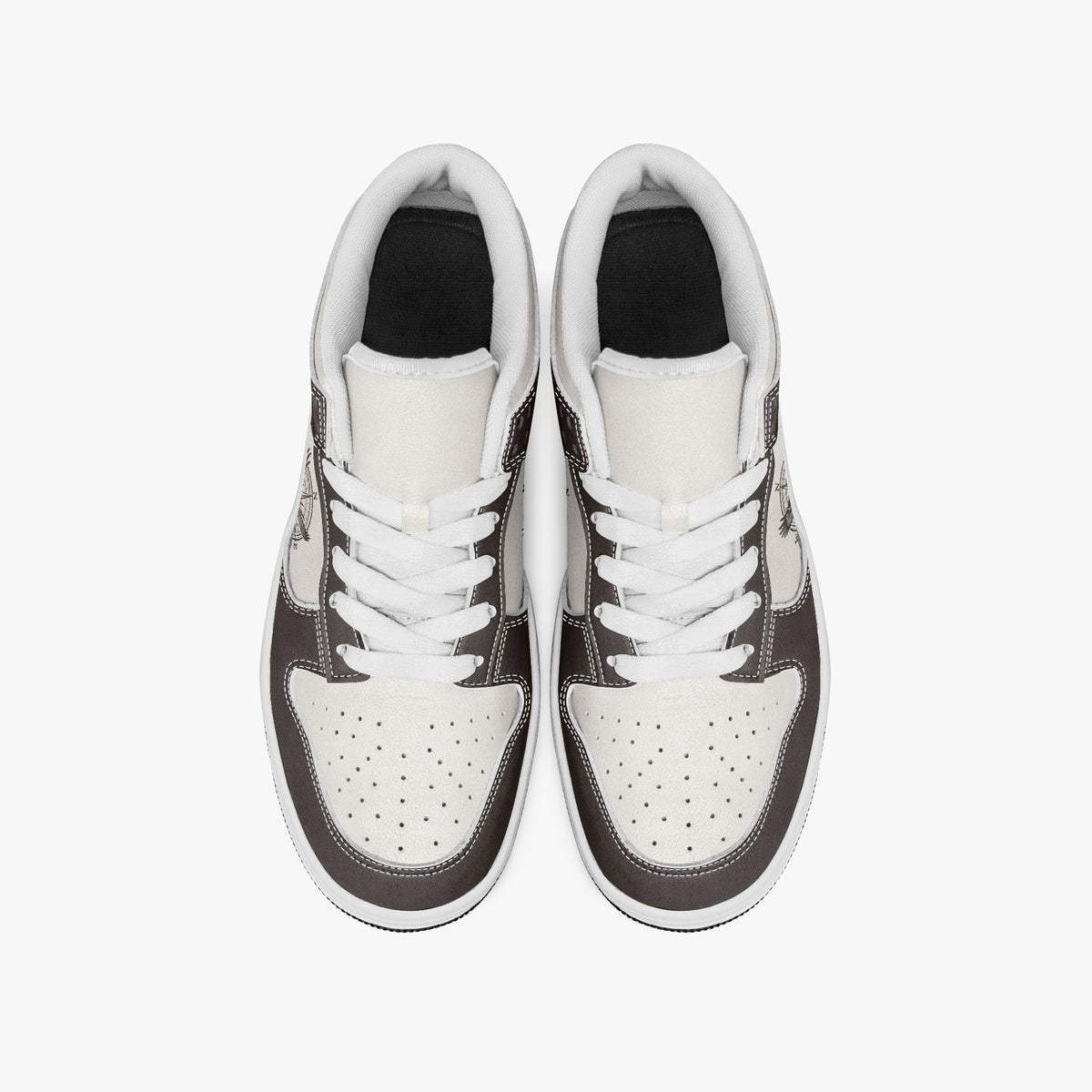 Overhead view of dark brown and off-white sneakers showing clean white laces, white padded collar lining, and perforated off-white leather toe boxes.