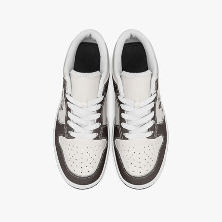 Overhead view of dark brown and off-white sneakers showing clean white laces, white padded collar lining, and perforated off-white leather toe boxes.