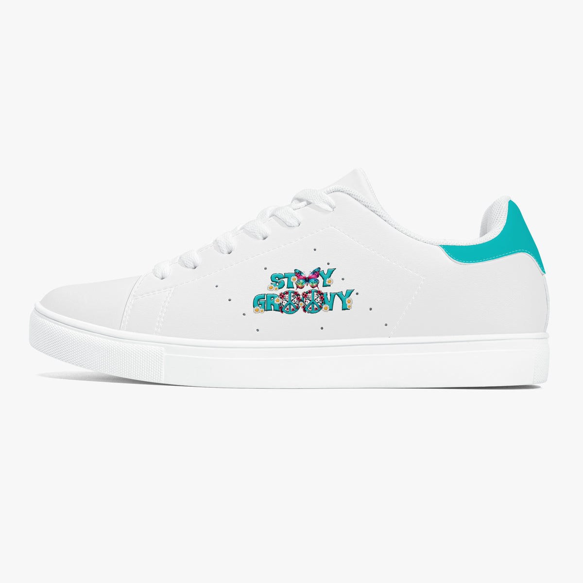 A white low-top sneaker with a colorful 'STAY ABWAY' graphic on the side, featuring a teal heel accent and white laces, shown against a light gray background.