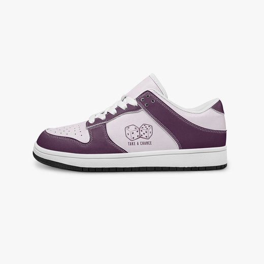 Side profile view of the left sneaker highlighting the deep plum leather overlays, "TAKE A CHANCE" dice design, white laces, and white inner collar facing right.