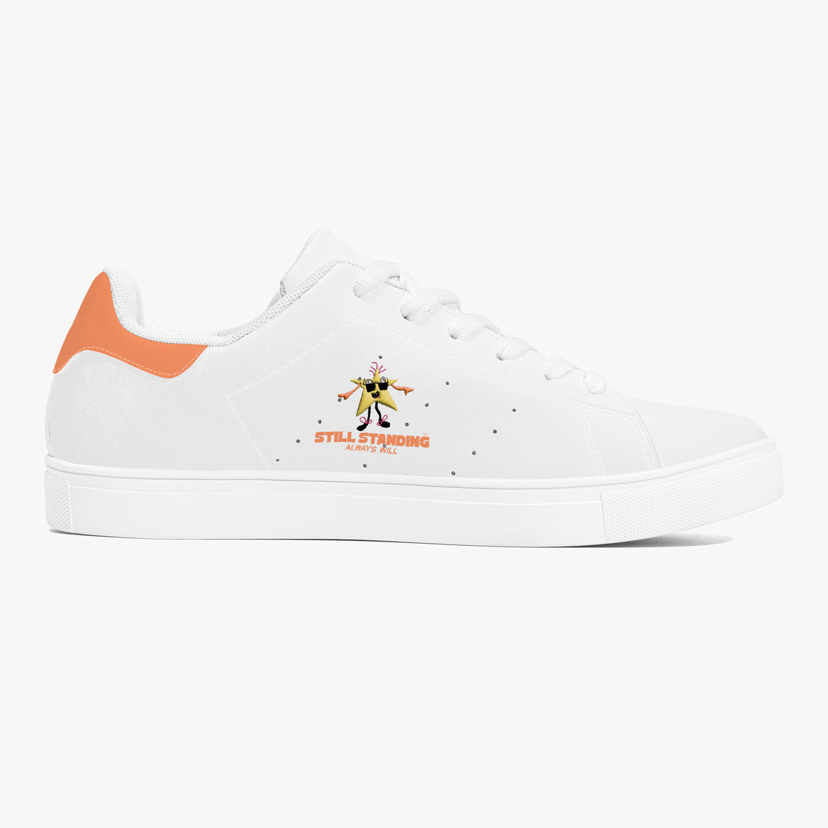 A white low-top sneaker with a bright orange heel tab, featuring a small graphic of a yellow and black character with the text 'STILL-STRIKING' and 'BEYOND ALL' printed on the side.