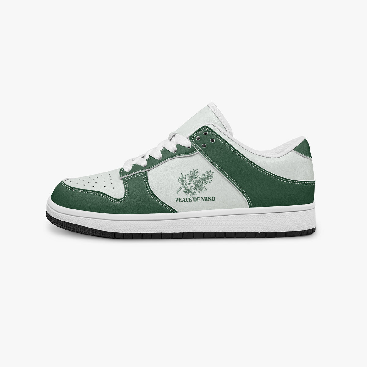 Side profile view of the left sneaker in forest green and white leather, highlighting the "PEACE OF MIND" botanical design, white laces, white interior lining, and flat rubber sole facing right.