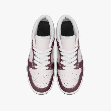 Overhead view of burgundy and pale pink sneakers showing clean white laces, white padded collar lining, and perforated pale pink toe boxes.