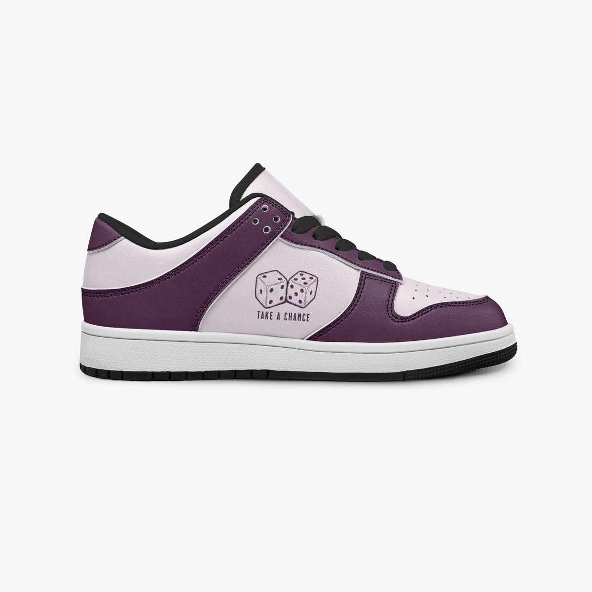 Side profile view of the right sneaker showcasing the purple and lilac color blocking, dice illustration, and black outsole facing right.
