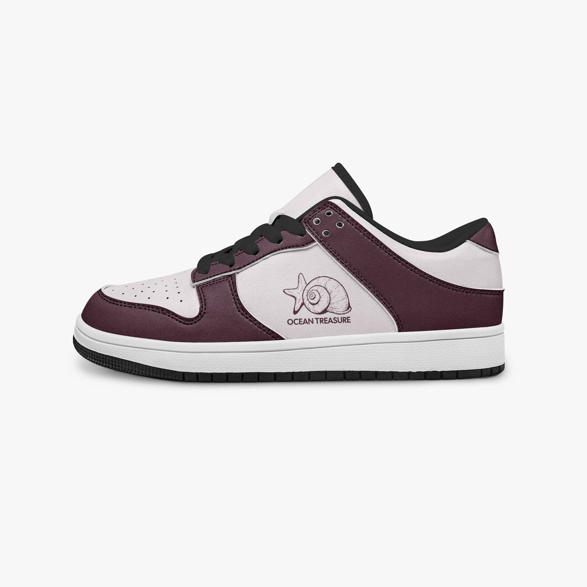 Side profile view of the left sneaker highlighting the burgundy leather panels, seashell emblem, black interior lining, and flat rubber sole facing right.