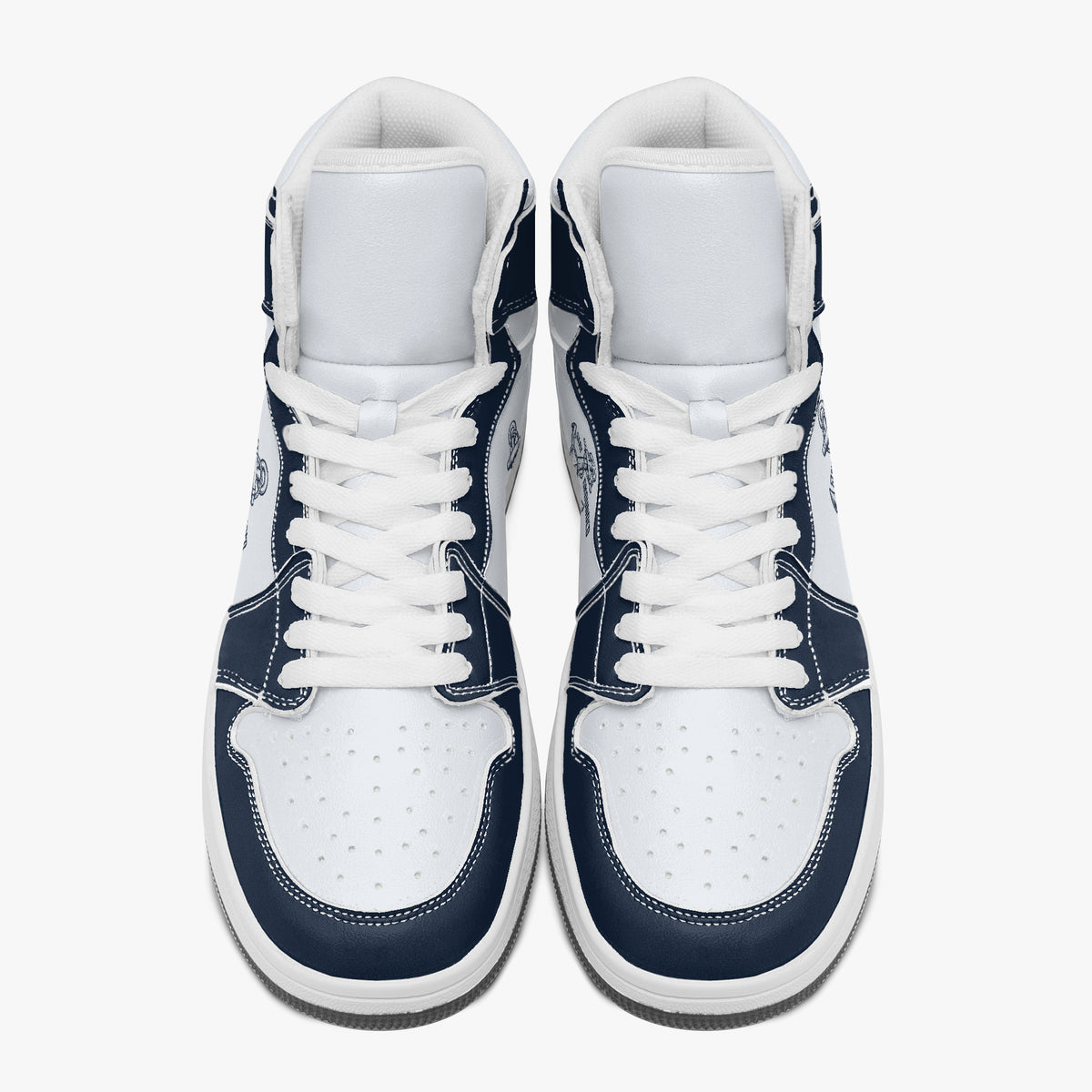 Overhead view of navy blue and white high-top sneakers showing clean white laces, white padded collar lining, and perforated white leather toe boxes.