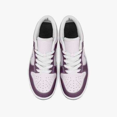 Overhead view of plum purple and pale lilac sneakers showing white laces, white padded collar lining, and perforated lilac toe boxes.
