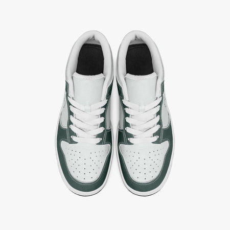 Overhead view of dark green and white sneakers showing clean white laces, white padded collar lining, and perforated white leather toe boxes.