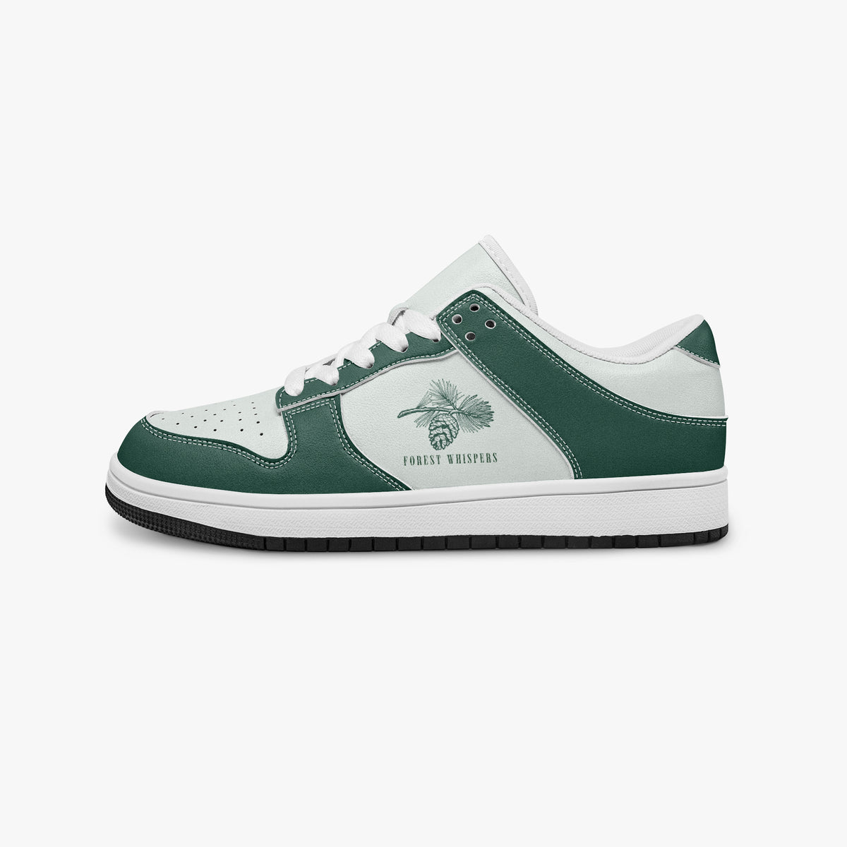 Side profile view of the left sneaker in forest green and white leather, highlighting the "FOREST WHISPERS" pine cone graphic, white laces, white interior lining, and flat rubber sole facing right.