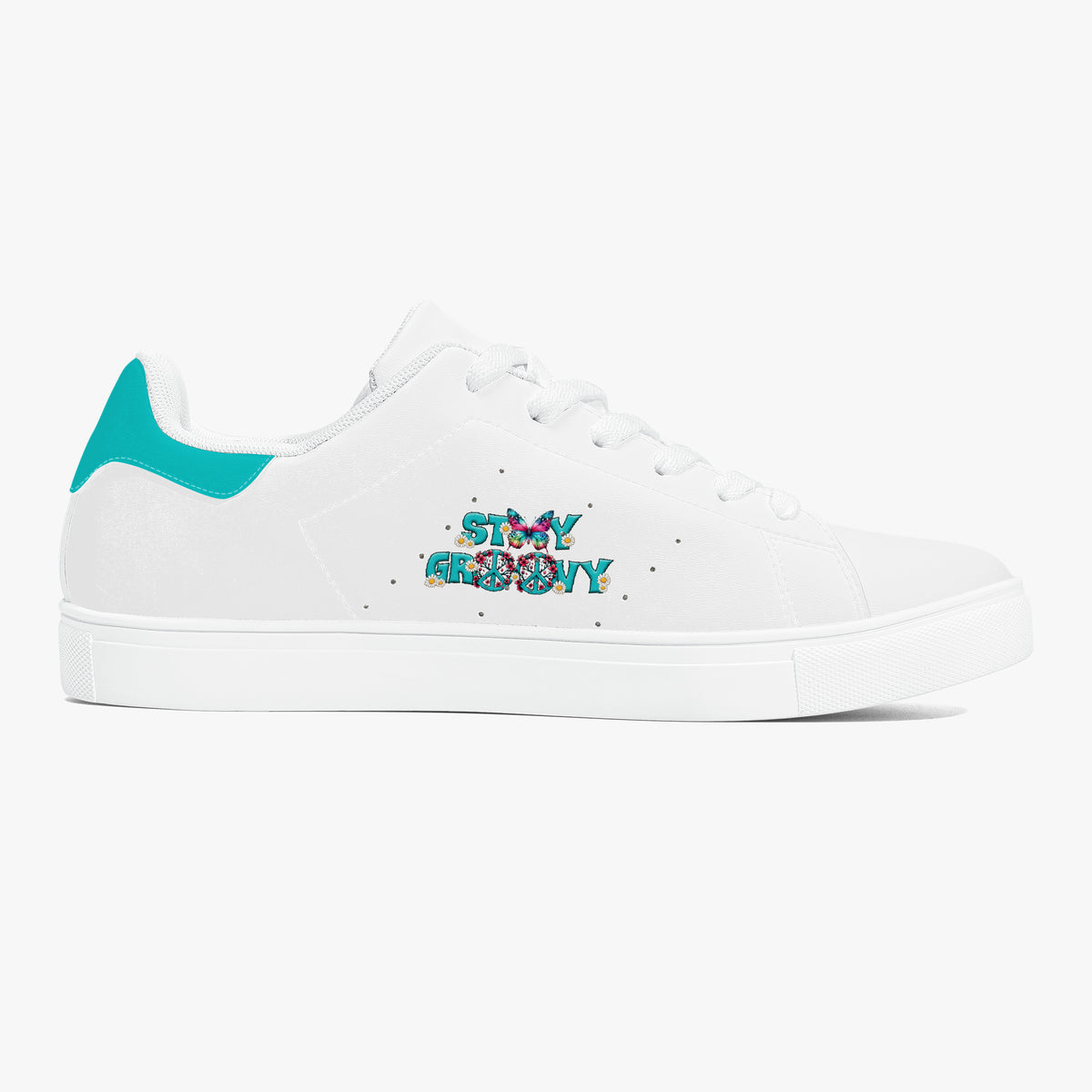 A white low-top sneaker with a turquoise heel tab and a colorful 'STAY ABLE SHY' graphic on the side, shown against a light gray background.