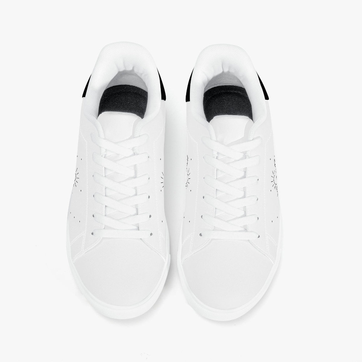 A pair of white low-top sneakers shown from a top-down view on a clean white background.