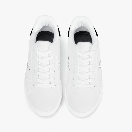 A pair of white low-top sneakers shown from a top-down view on a clean white background.