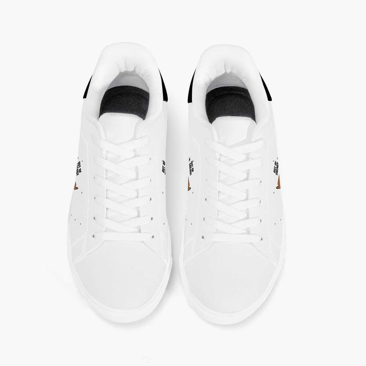 A pair of white low-top sneakers shown from a top-down view on a clean white background.