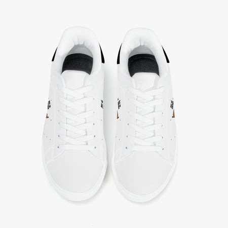 A pair of white low-top sneakers shown from a top-down view on a clean white background.
