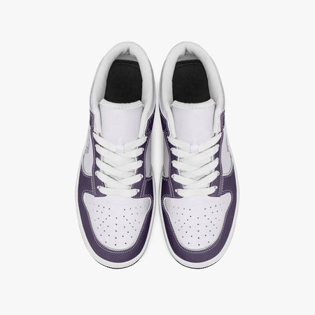 Overhead view of deep purple and white sneakers showing white laces, white padded collar lining, and perforated white leather toe boxes.