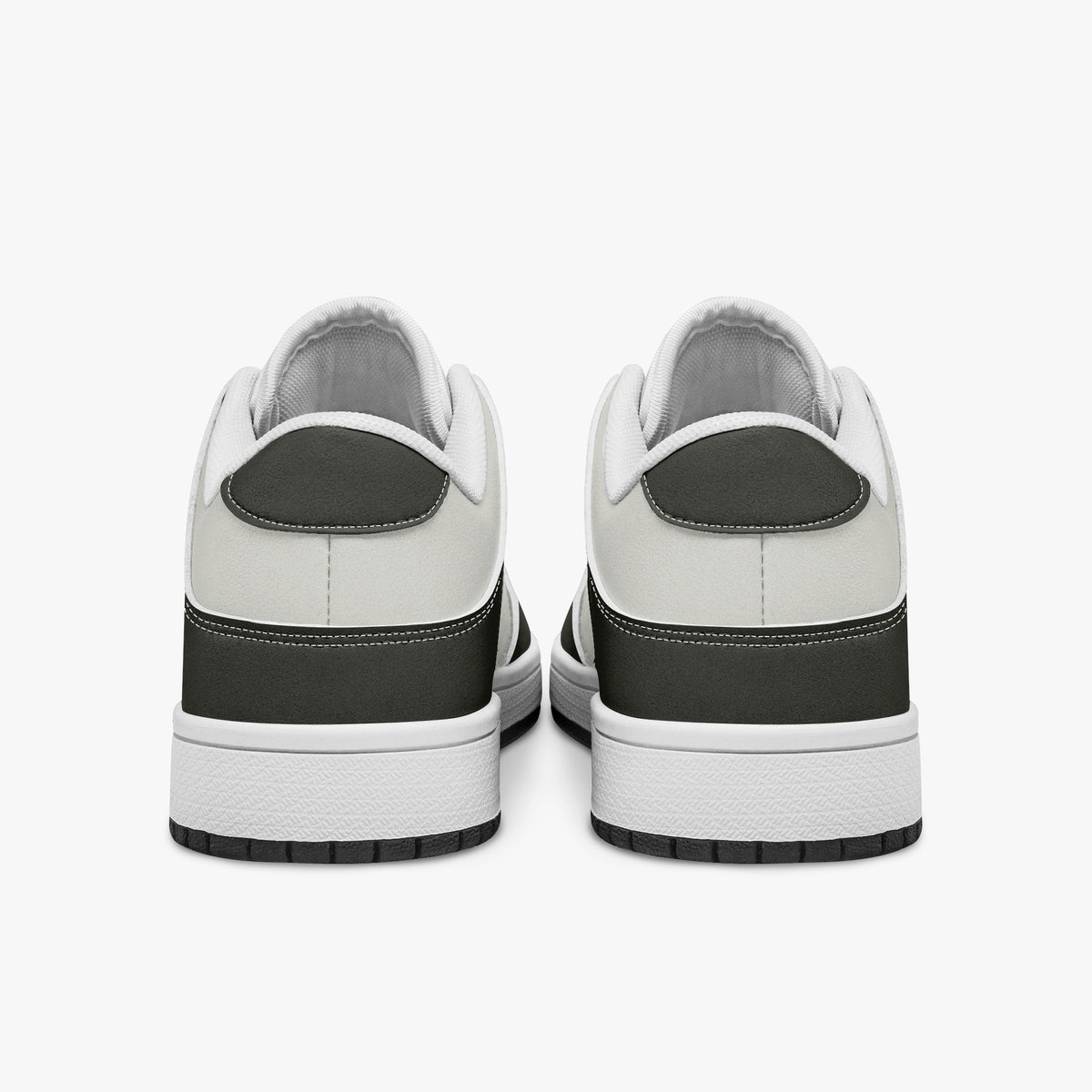 Rear view of olive-grey and off-white sneakers displaying dark heel overlays, off-white leather collar panels, and two-tone white and black rubber outsoles.