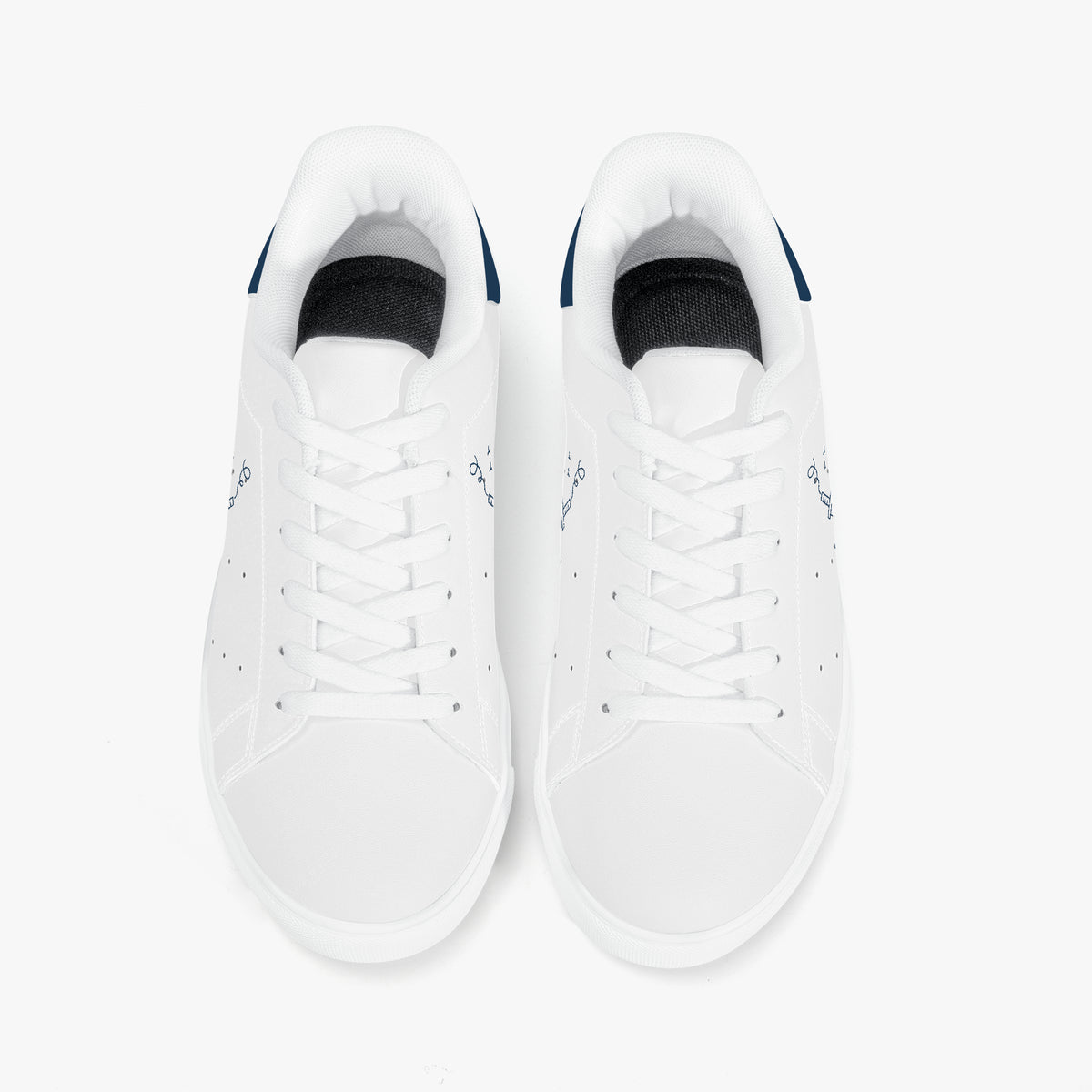 A pair of white low-top sneakers shown from a top-down view on a clean white background.