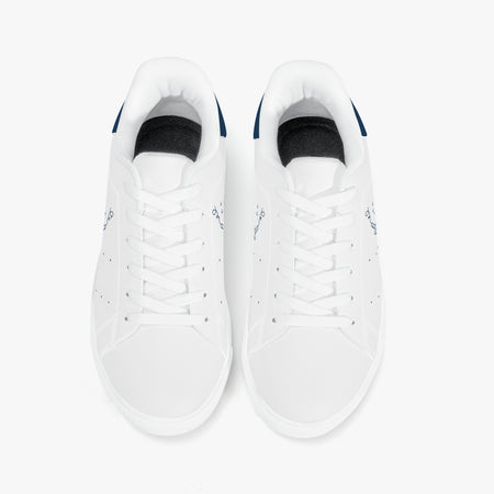 A pair of white low-top sneakers shown from a top-down view on a clean white background.