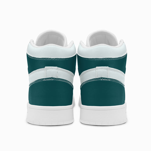 Rear view of dark teal and white high-top sneakers displaying dark teal heel counters, white collar bands, and two-tone white and dark grey rubber outsoles.