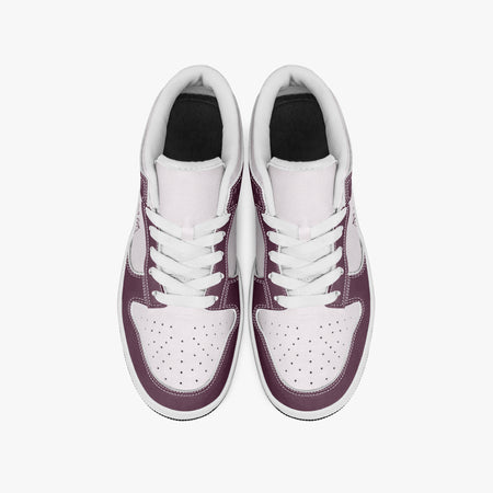 Overhead view of burgundy and pale pink sneakers showing clean white laces, white padded collar lining, and perforated pale pink toe boxes.