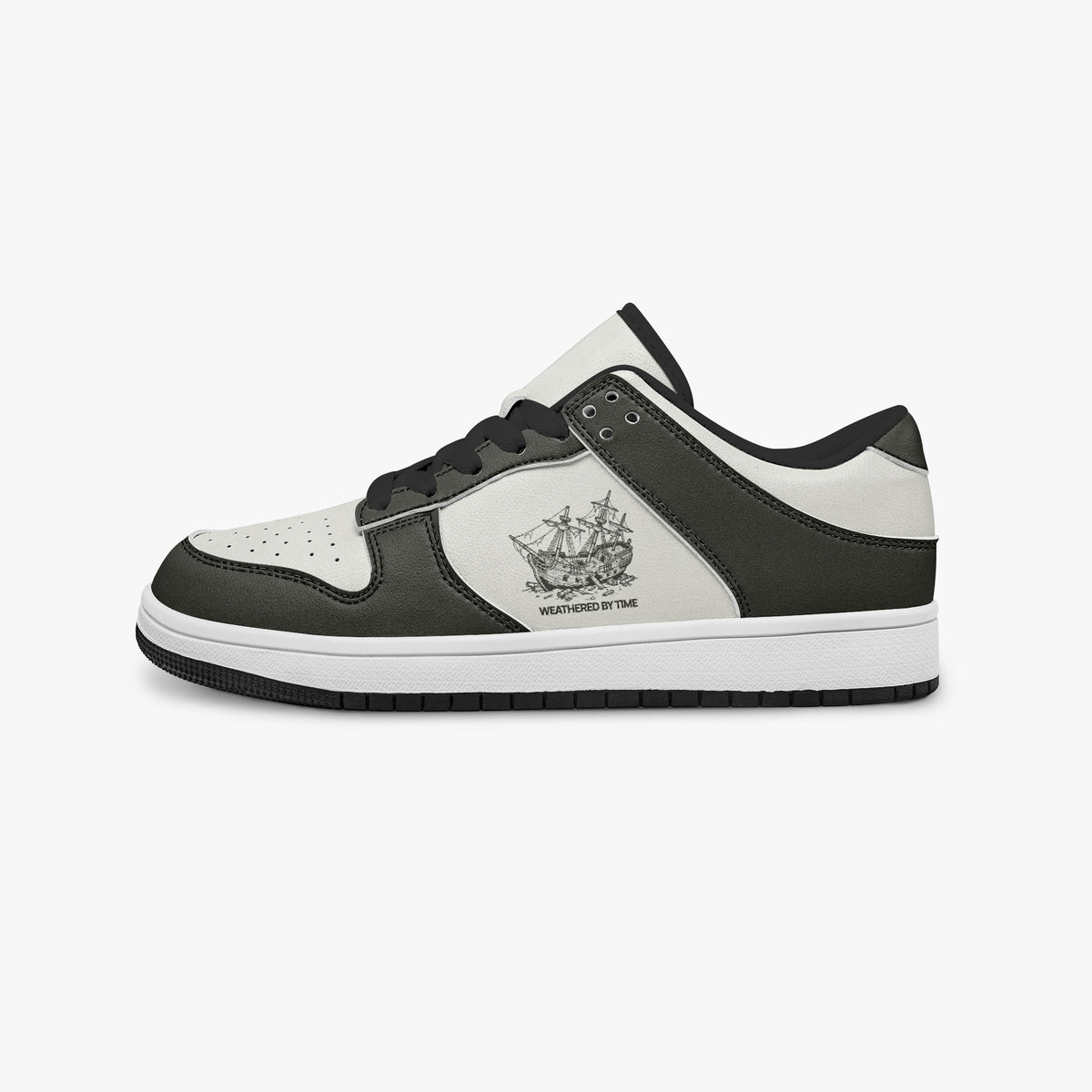 Side profile view of the left sneaker highlighting the dark leather panels, shipwreck emblem, black interior lining, and flat rubber sole facing right.