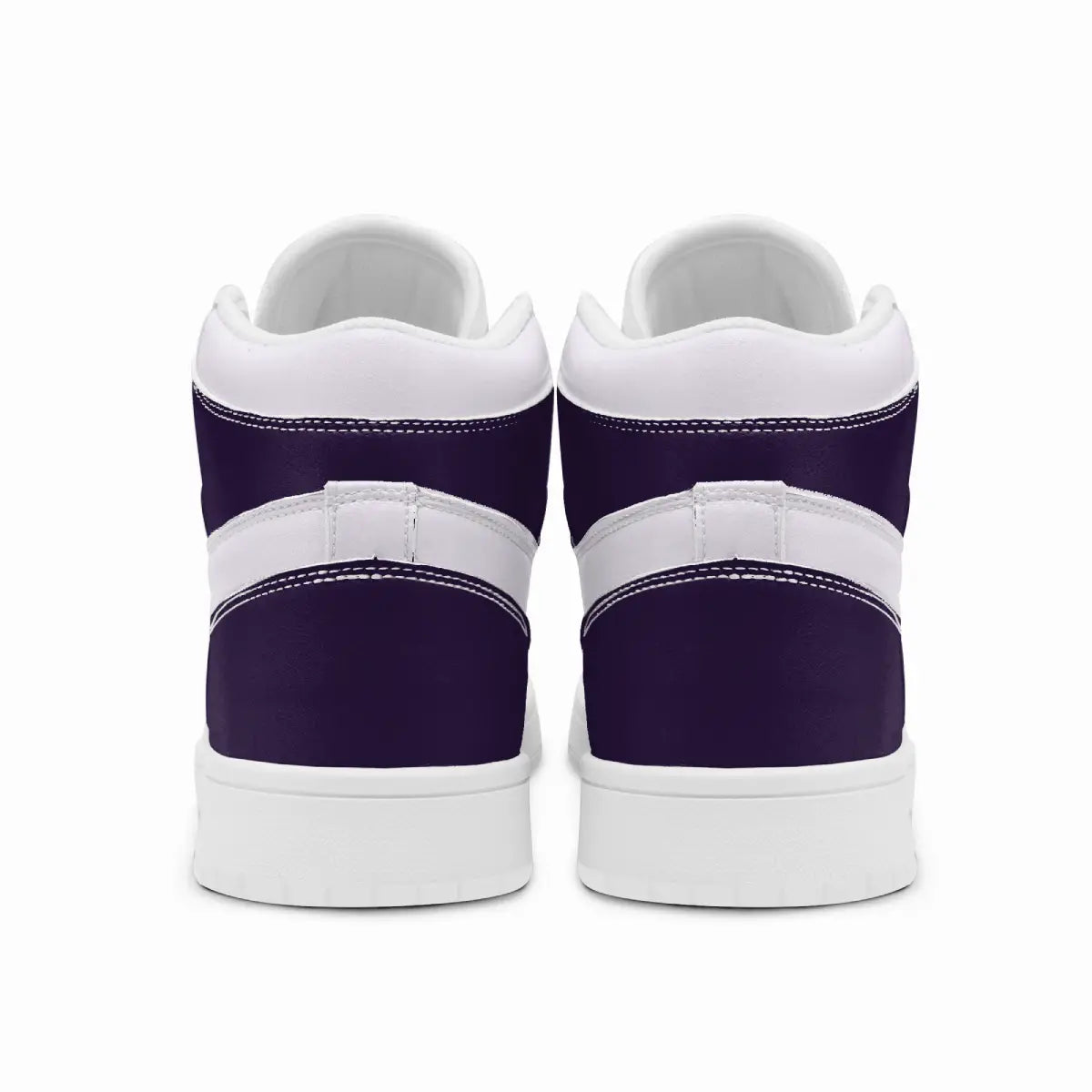 Centered rear view of high-top sneakers showing deep purple leather heel wraps, white padded upper collars, and tonal white stitching.