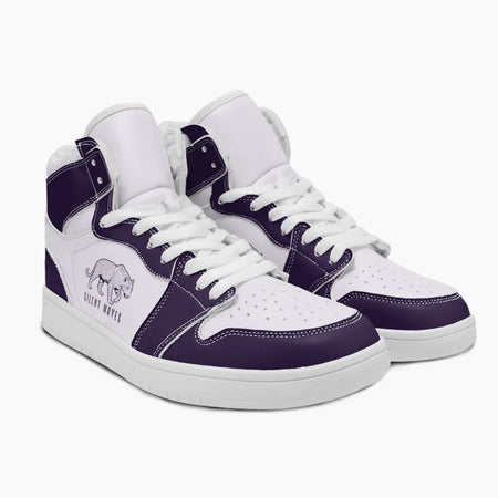 Alternative angled three-quarter view of royal purple and white high-top sneakers, displaying the high-cut ankle collar, leopard artwork, and white midsoles.