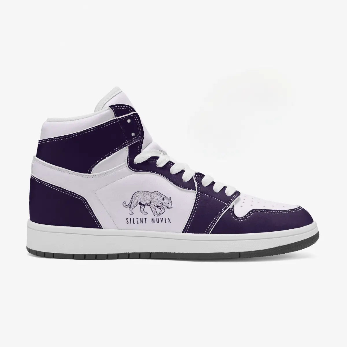 Side profile view of the right high-top sneaker in royal purple and white leather, featuring a prowling leopard illustration with "SILENT MOVES", white laces, and a flat rubber sole facing right.