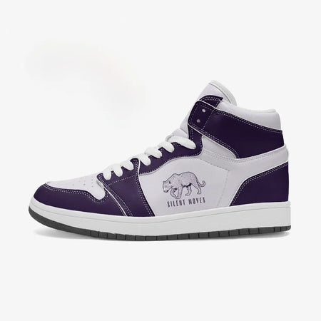 Side profile view of the left high-top sneaker in deep purple and white leather, highlighting the "SILENT MOVES" leopard emblem, white eyelet lacing, and solid rubber outsole facing right.