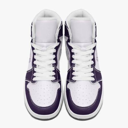 Overhead view of purple and white high-top sneakers showing clean white laces, white padded collar lining, and perforated white leather toe boxes.