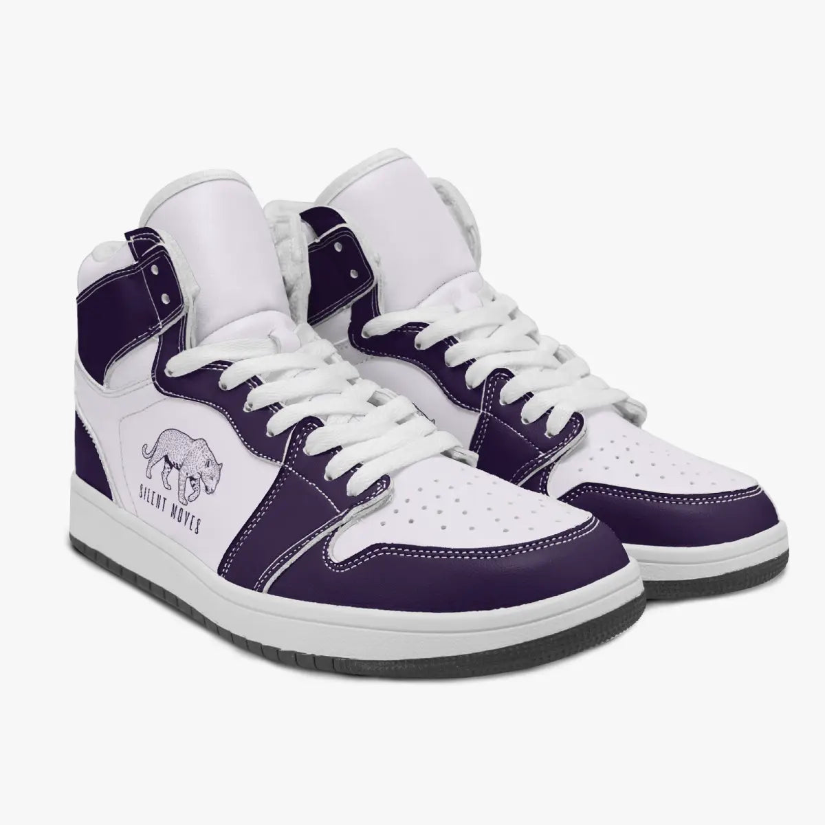 Angled three-quarter view of high-top sneakers in deep royal purple and white leather, featuring a stalking leopard graphic with "SILENT MOVES", white laces, and white padded collars.