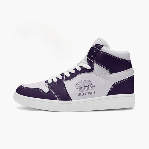 Full side profile view of the left high-top sneaker displaying royal purple ankle collar panels, side leopard print art, and clean white rubber cupsole facing right.