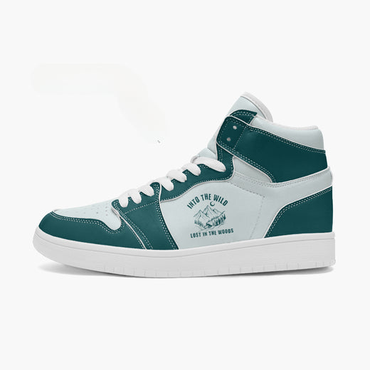 Full side profile view of the left high-top sneaker displaying dark teal ankle collar panels, side graphic, clean white midsole, and dark outsole facing right.