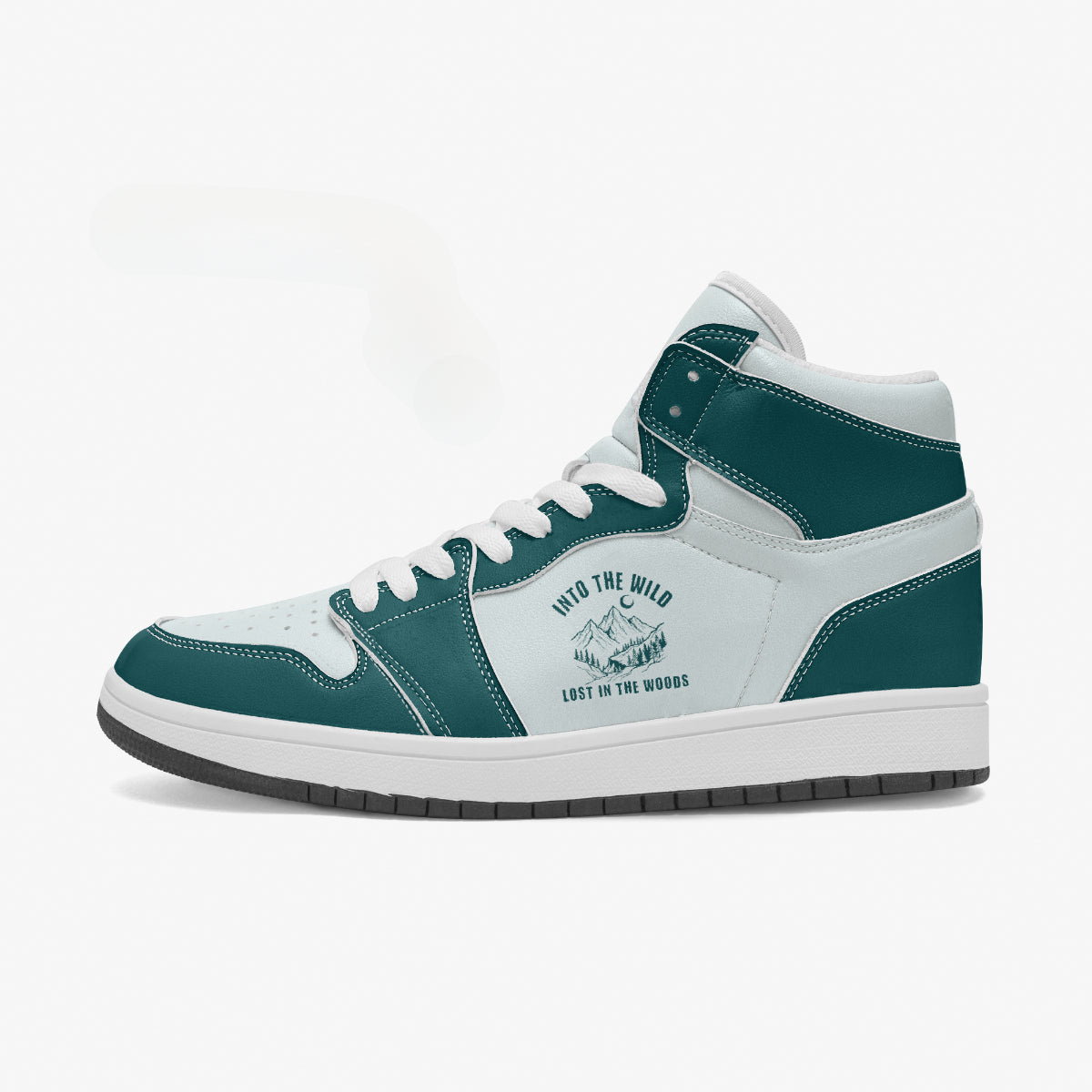 Side profile view of the left high-top sneaker in dark teal and white leather, highlighting the "INTO THE WILD" mountain emblem, white laces, and solid rubber outsole facing right.
