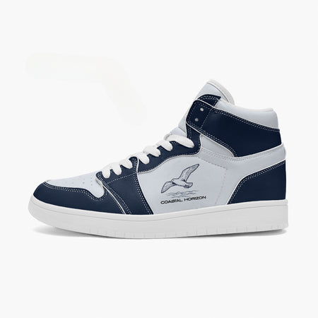 Full side profile view of the left high-top sneaker displaying navy blue ankle collar panels, side graphic, clean white midsole, and dark outsole facing right.