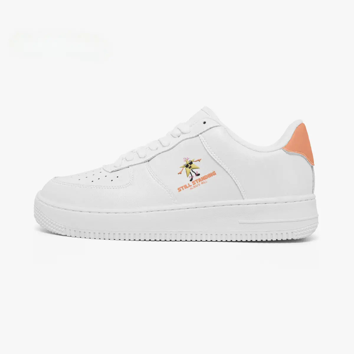 Outer side view of the left shoe in white leather, highlighting the star graphic, motivational text, and orange heel counter facing left.