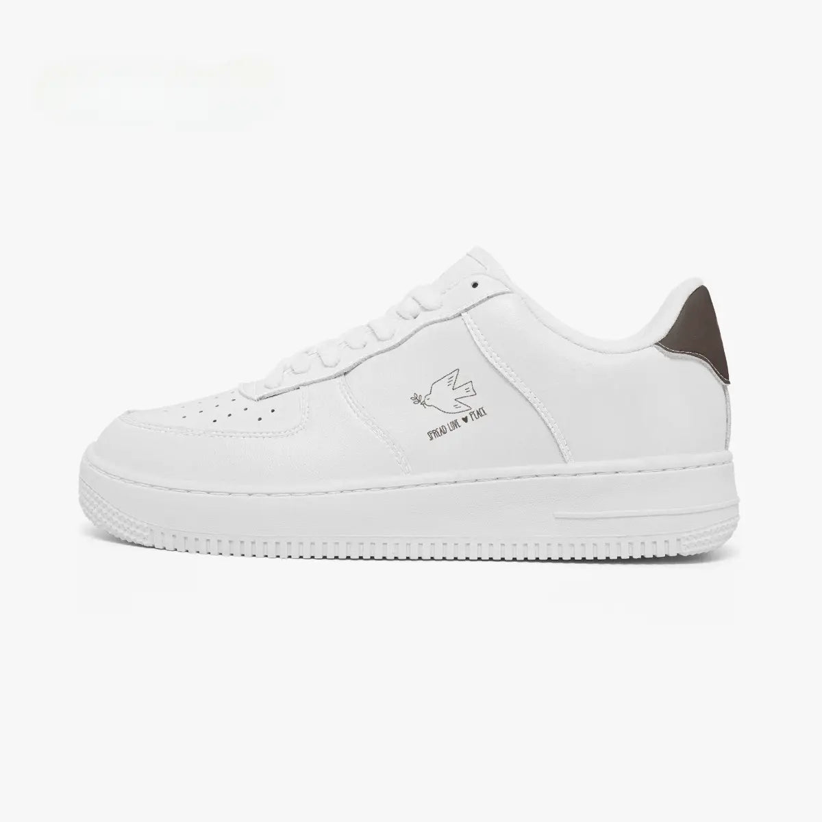 Outer side view of the left sneaker in white leather, highlighting the peace dove graphic and dark grey heel accent facing left.