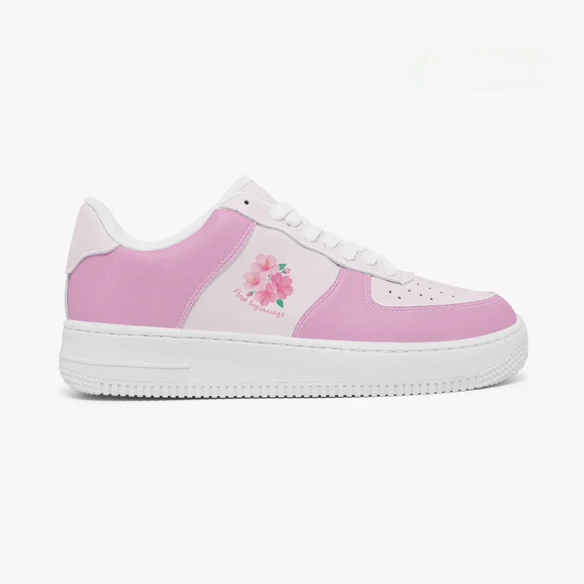 A low-top sneaker in light pink and white, featuring a pink floral graphic on the side with the text 'Pink Peony' and a white sole.