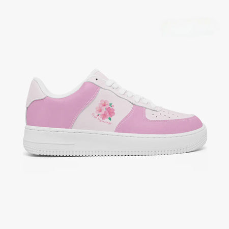 A low-top sneaker in light pink and white, featuring a pink floral graphic on the side with the text 'Pink Peony' and a white sole.