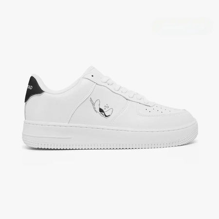 Outer side view of the right sneaker in white leather, highlighting the minimalist stingray print and black heel counter facing right.