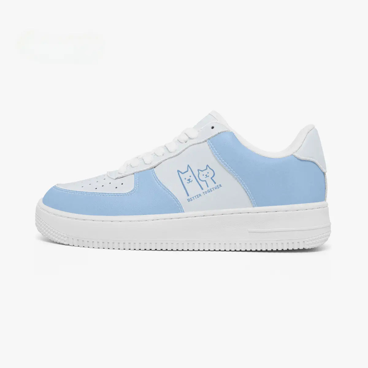 Side profile view of a white and pastel blue sneaker facing left, showing the custom graphic detail and flat rubber outsole.