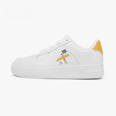 Outer side view of the left sneaker featuring an all-white silhouette, "SURF CLUB" design, and textured rubber sole facing left.